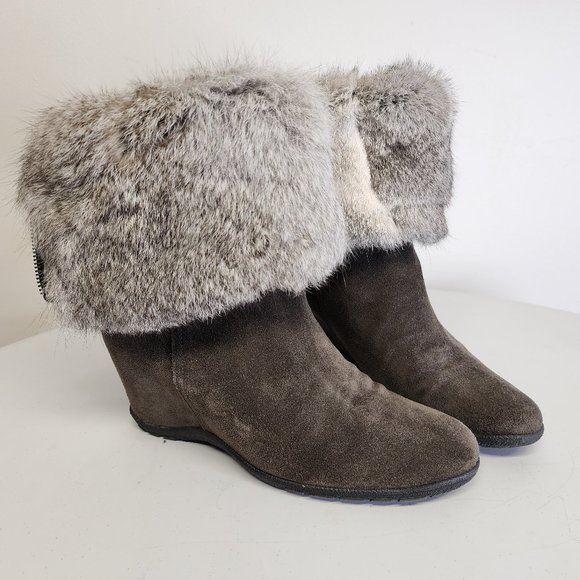 Aquatalia Womens 8 Genuine Fur Taupe Suede Fold Over Wedge Heel Back Zip Boots - Picture 3 of 15